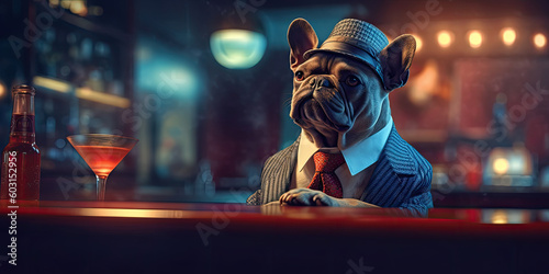 French bulldog in suit at bar, Spy Film, Generative AI