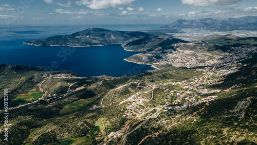 aerial view of Kalkan gorgeous setting a beautiful cove, its stunning beaches, charming nature. turkey