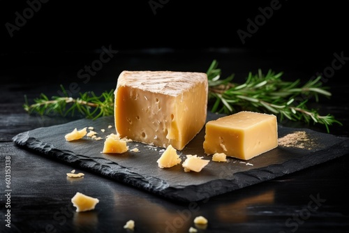 Cheese with crumbles on a slate, generative ai