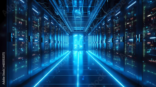 A server room pulsating with the energy in cool futuristic blue light.