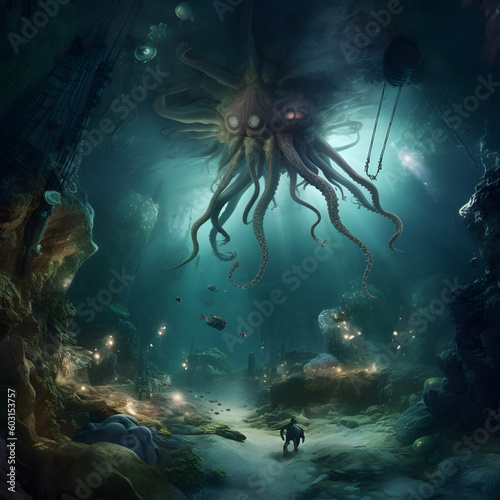 A raw photo of an underwater realm where a team of explorers encounters a mythical  octosquid  with the ability to change colors and shape-shift  leading them to an ancient sunken treasure.