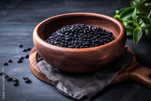 dried black beans in a wooden bowl, generative ai