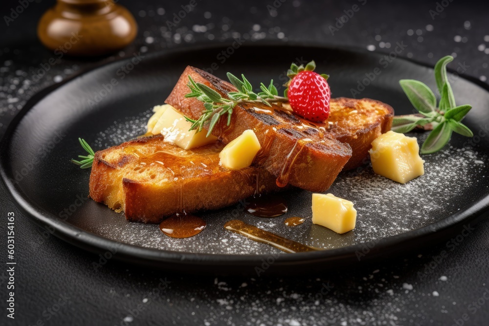 french toast with butter and strawberries, generative ai