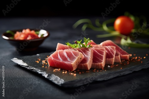 tuna sashimi on a slate, generative ai
