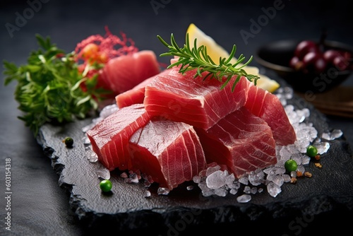 sashimi on a plate, tuna, sushi, generative ai