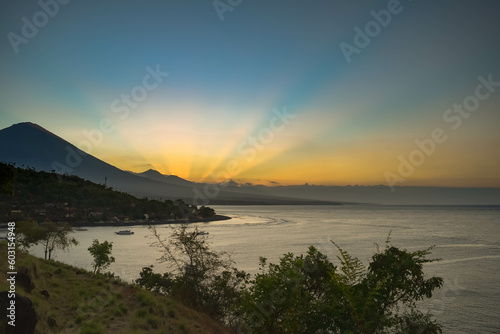 sunset at amed beach  view agung mount. bali