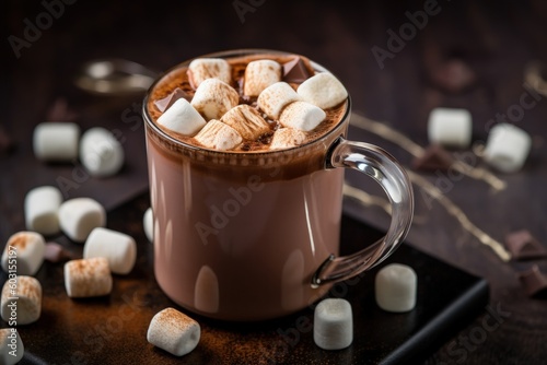 hot chocolate with marshmallows in a glass mug, generative ai