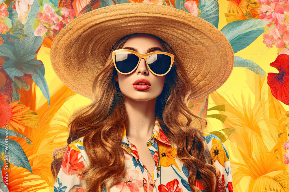 Fashion woman wearing huge straw hat and sunglasses. Colorful tropical flowers and leaves. Generative AI Fashion woman wearing huge straw hat and sunglasses. Colorful tropical flowers and leaves. Generative AI