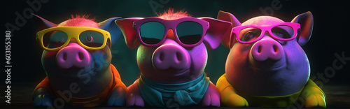 Generative Ai image of pigs wearing colorful sunglasses.