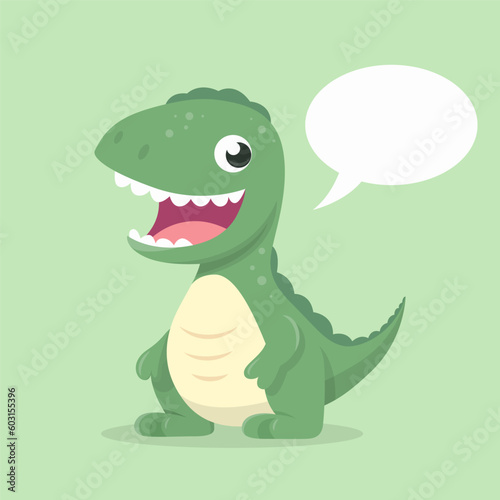 Vector Cute Kind Baby Kid Smiling Dinosaur. Happy Cartoon Dinosaur Tyrannosaurus Rex  Tyrex with Speech Bubble in Flat Style on Green Background.