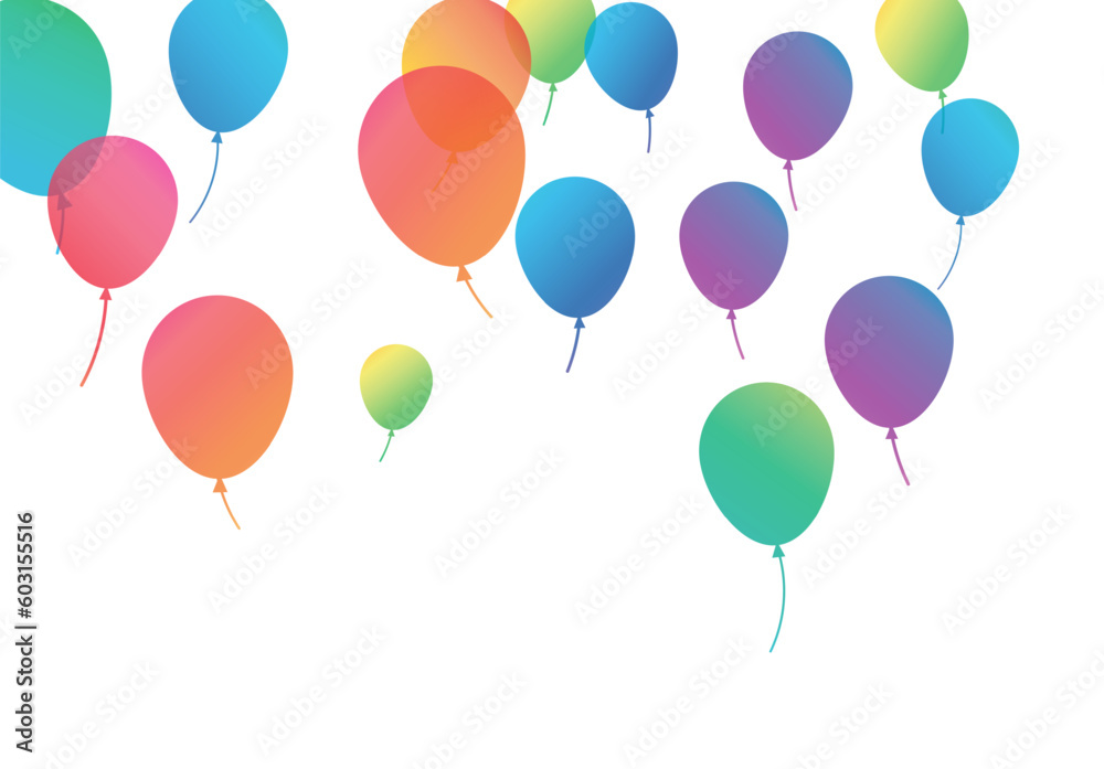 Illustration of colorful balloons on a white background with space for text