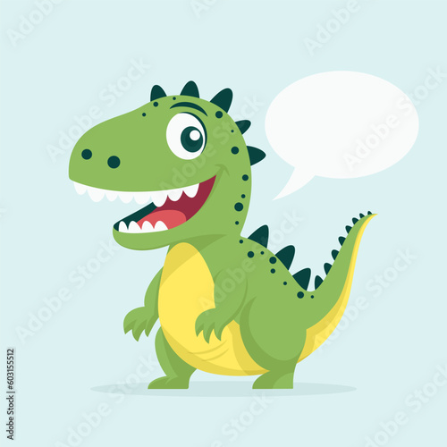 Vector Cute Kind Baby Kid Smiling Dinosaur. Happy Cartoon Green Dinosaur Tyrannosaurus Rex  Tyrex with Speech Bubble in Flat Style on Blue Background