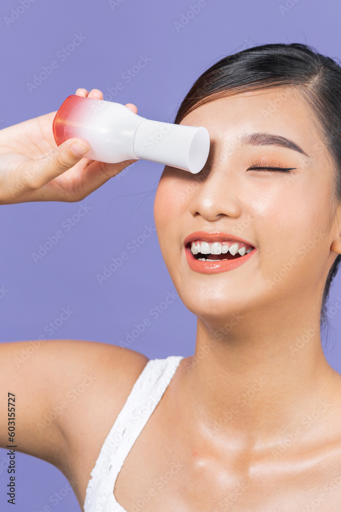 health and beauty concept, happy woman with skincare package health and beauty concept, happy woman with skincare package