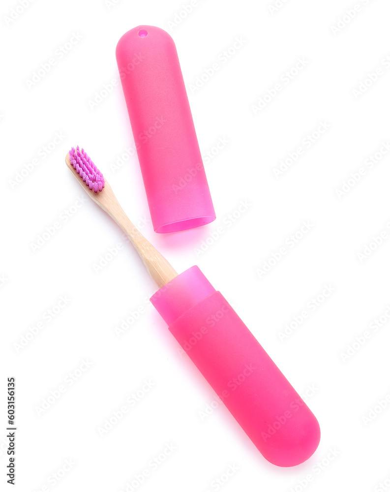 Bamboo toothbrush in case isolated on white background Bamboo toothbrush in case isolated on white background