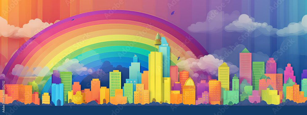 city, rainbow, urban, skyline, building, cityscape, sky, vector, architecture, business, illustration, silhouette, town, design, skyscraper, buildings, night, art, banner, downtown, generative ai