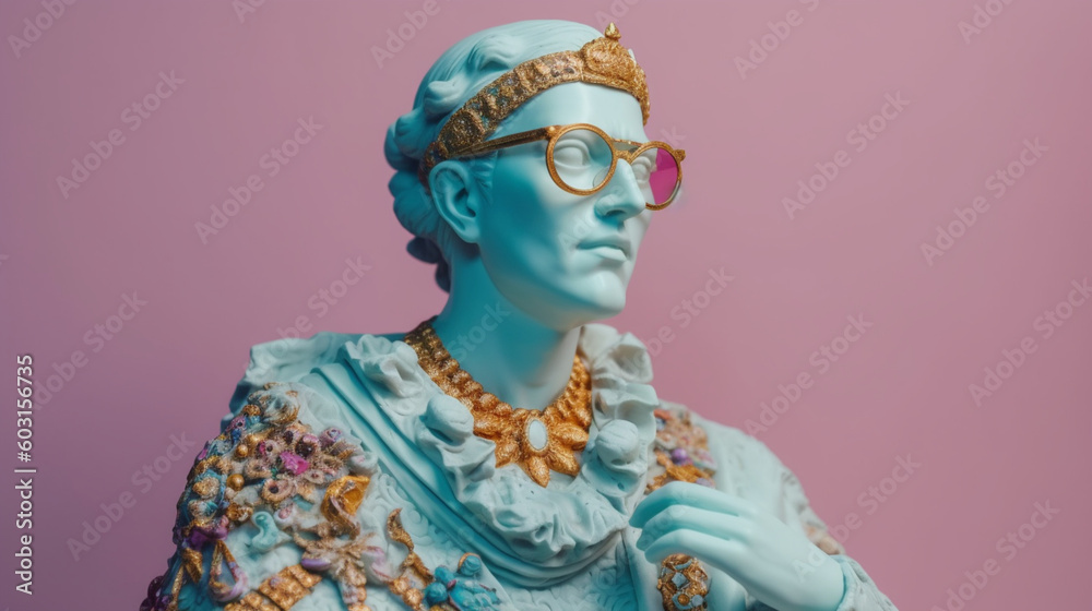 Statue dressed in a colored royal costume with glasses, pastel background. Image generated by AI. Statue dressed in a colored royal costume with glasses, pastel background. Image generated by AI.