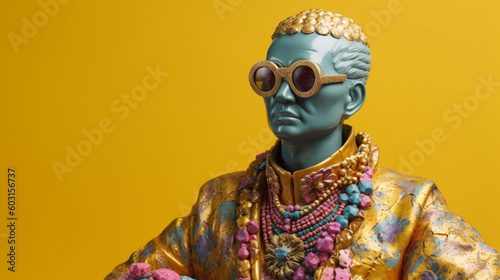 Statue dressed in a colored royal costume with glasses, pastel background. Image generated by AI. © Moon Project