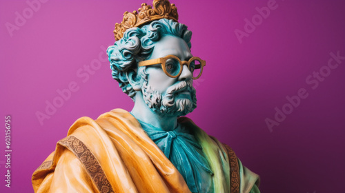 Statue dressed in a colored royal costume with glasses, pastel background. Image generated by AI.