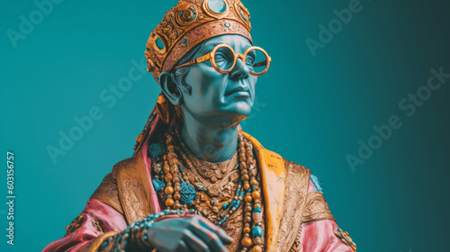 Statue dressed in a colored royal costume with glasses, pastel background. Image generated by AI.