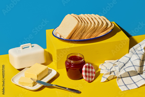 Ingredients for delicious toasts with jam photo