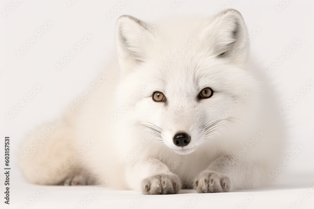 Obraz premium A white fox laying down on a white surface. Generative AI.