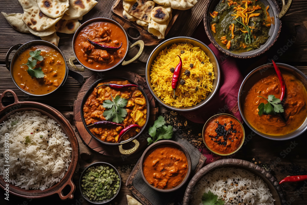 Traditional Indian dishes on the wooden table, selection of assorted spicy food, ai generated - obrazy, fototapety, plakaty 