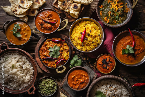 Fototapet Traditional Indian dishes on the wooden table, selection of assorted spicy food,