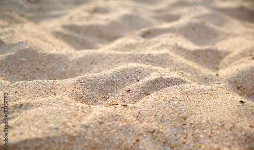 Close up of clean yellow sand surface covering seaside beach illuminated with day light. Travel and vacations concept
