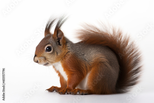 A red squirrel sitting on a white surface. Generative AI. © tilialucida