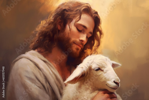 A painting of a man holding a sheep. Generative AI.