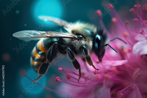closeup of a honey bee sitting on a pink flower in the garden working and collecting pollen, soft blurred teal background, shallow depth of field, generative AI © my_stock