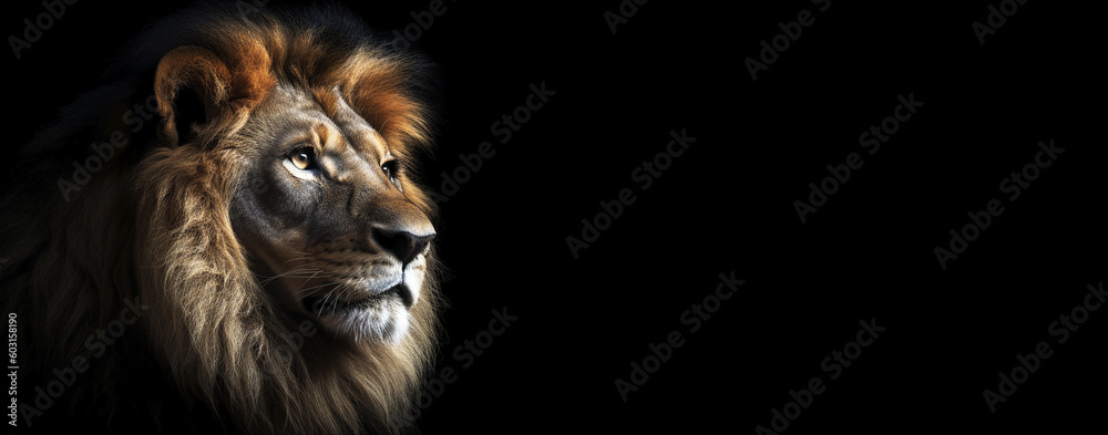 Lion on black background banner with copy space. Generative AI.