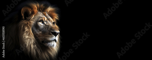 Lion on black background banner with copy space. Generative AI.