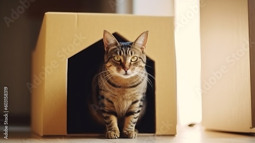 Striped Cat in a Cardboard House