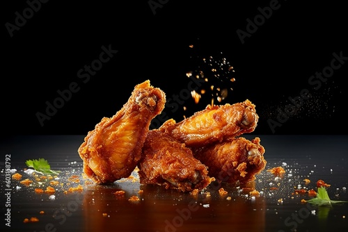 Fototapete Golden brown crispy fried chicken on black background