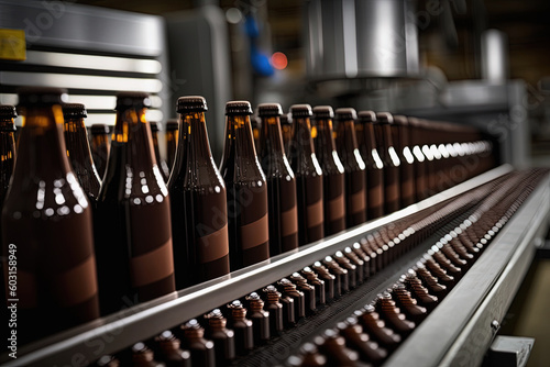 Beer bottles line on conveyor belt in brewery factory. Generative AI