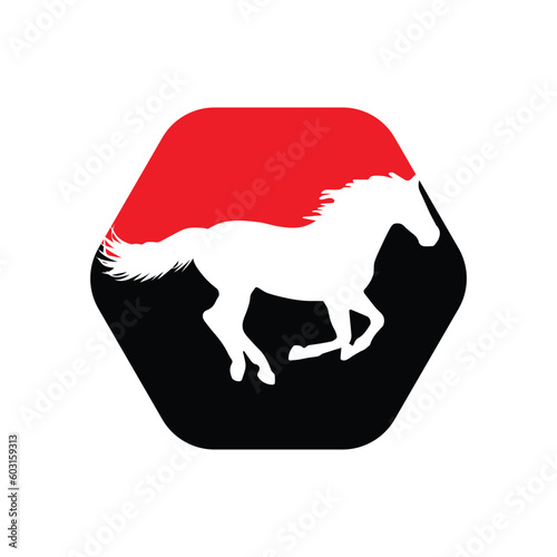 Horse running icon vector illustration inside a shape of hexagon red and black color. 