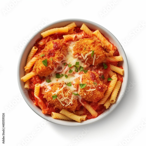 parmigiana with pasta on a white plate. AI generated