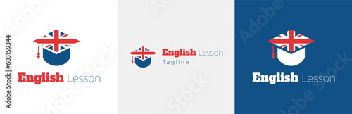 English lesson logo design set, British tongue education modern logotype symbol, vocabulary webinar emblem concept, grammar teacher editable commercial illustration, branding, brand identity isolated 