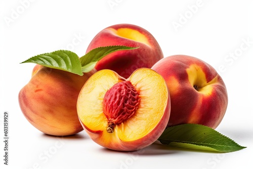 tasty peaches with leaves on a white background