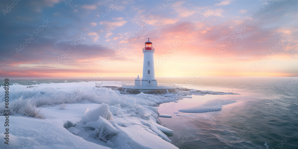 A lighthouse on a snowy shore with a sunset in the background. Generative AI.