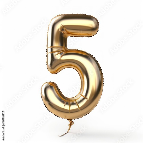 Shiny Golden Number Shaped Balloon Isolated on White Background. Number Five 5.. Generative AI illustration.