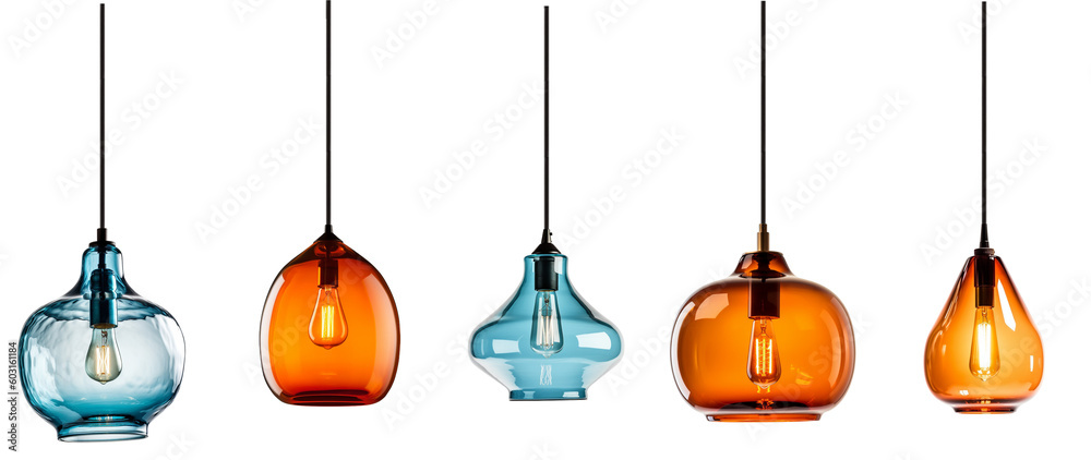 Fototapeta premium Group of colorful modern glass pendant lights. Created using generative AI.