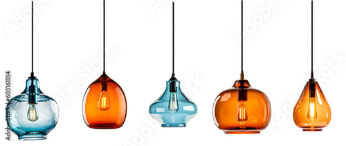 Group of colorful modern glass pendant lights. Created using generative AI. photo