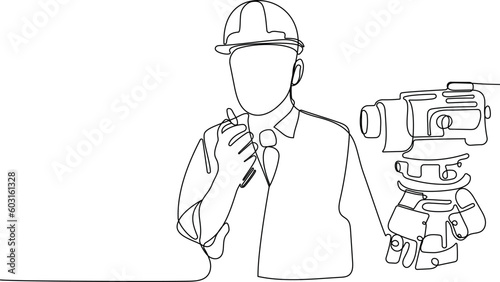 Close up of Caucasian worker with helmet on head using tablet for work while standing in warehouse. Surveyor with a tripod icon. Geodesic tripod. Vector illustration