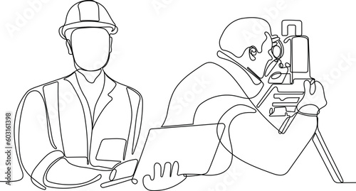 Close up of Caucasian worker with helmet on head using tablet for work while standing in warehouse. Surveyor with a tripod icon. Geodesic tripod. Vector illustration