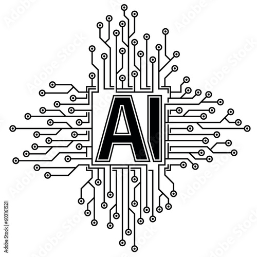 Abstract microchip icon with circuit board in black color with letters AI in the center against white background. artificial intelligence concept