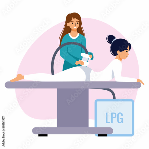 Young woman does lpg massage. Care for beauty and youth of body. Cosmetic procedure for slimness. Beauty salons.