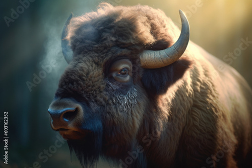 Cute bison, animal love concept. Background with selective focus. AI generated, human enhanced