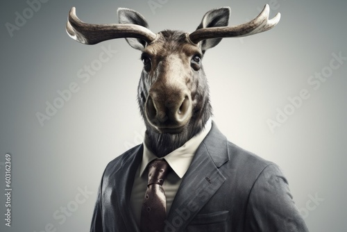 Anthropomorphic moose in a suit like a businessman. Business Concept. AI generated, human enhanced © top images